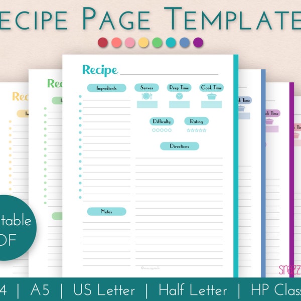 Recipe Page Template Printable PDF, Recipe Sheet, Recipe Planner Page, Recipe Book | A4 A5 Letter Half Letter Happy Planner