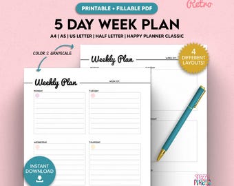 5 Day Weekly Planner, Fillable Retro PDF (Printable)