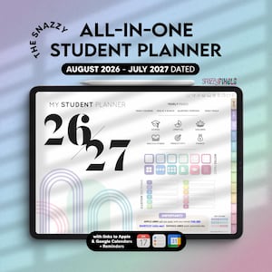 Pode incluir: Um planejador estudantil digital exibido na tela de um tablet com uma caneta stylus. A interface mostra o texto 'THE SNAZZY ALL-IN-ONE STUDENT PLANNER AUGUST 2026 - JULY 2027 DATED', 'MY STUDENT PLANNER', '26/27' e v&aacute;rios &iacute;cones de organiza&ccedil;&atilde;o.