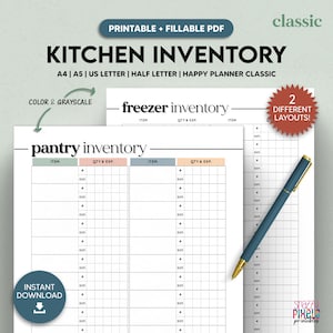 Pode incluir: Lista de inventário de cozinha imprimível em preto e branco com dois layouts diferentes. A lista inclui seções para o inventário da despensa e do congelador com colunas para o item, a quantidade e a data de validade.