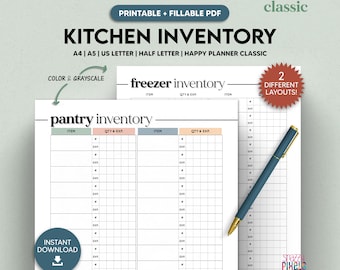 May include: Printable kitchen inventory checklist in black and white with two different layouts. The checklist includes sections for pantry and freezer inventory with columns for item, quantity, and expiry date.