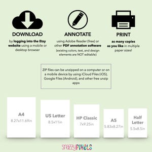 May include: A graphic illustration showing the steps to download, annotate, and print digital files. The illustration includes icons for downloading, annotating, and printing. The text also includes information about the different paper sizes available for printing, including A4 (8.27x11.69 inches), US Letter (8.5x11 inches), HP Classic (7x9.25 inches), A5 (5.83x8.27 inches), and Half Letter (5.5x8.5 inches).