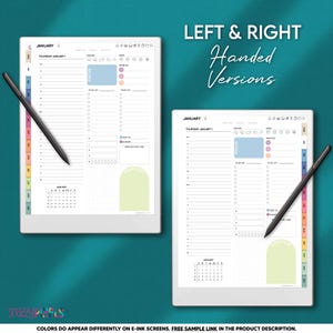 May include: Two digital planner layouts, one for left-handed and one for right-handed users, are displayed. Each planner page features a daily schedule, to-do lists, and a calendar. The text "LEFT & RIGHT Handed Versions" is visible.