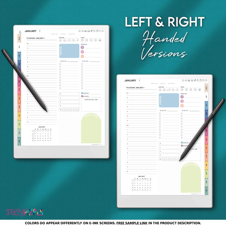 May include: Two digital planner layouts, one for left-handed and one for right-handed users, are displayed. Each planner page features a daily schedule, to-do lists, and a calendar. The text "LEFT & RIGHT Handed Versions" is visible.