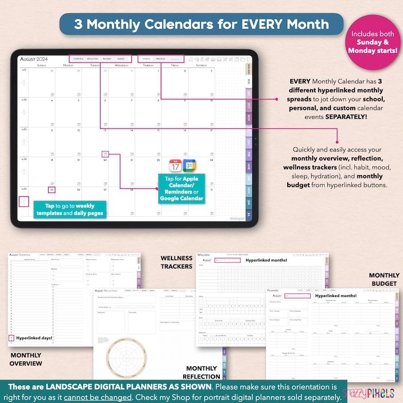 digital monthly calendars for personal, school and custom events, apple calendar and google calendar links, monthly habit trackers