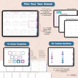 hyperlinked school calendar, year at a glance, yearly goals, digital lecture notes template, Cornell notes pages, custom sections and digital notebooks