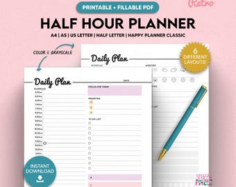 Half Hourly Daily Planner Printable Fillable, Daily To Do List Schedule, Undated Inserts, Minimalist, A5/Half Size/A4/Letter/Happy Planner