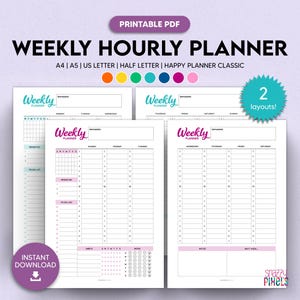 Weekly Hourly Planner Printable PDF (Color), Daily Schedule, Weekly Organizer, Weekly to do list | A4 A5 Letter Half Letter Happy Planner