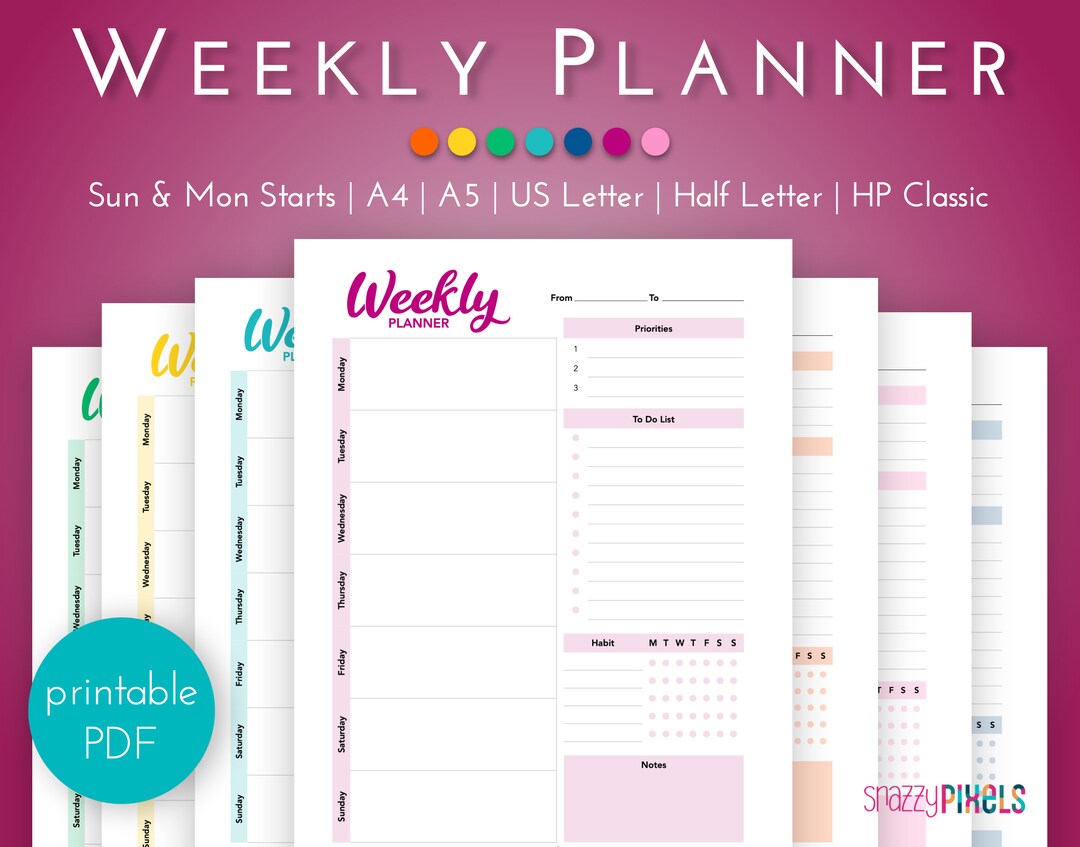 Weekly Planner Printable PDF color, Weekly Schedule, Week Organizer ...