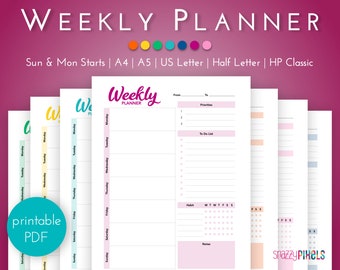 Weekly Planner Printable PDF (Color), Weekly Schedule, Week Organizer, Planner Insert, Work Planner | A4 A5 Letter Half Letter Happy Planner