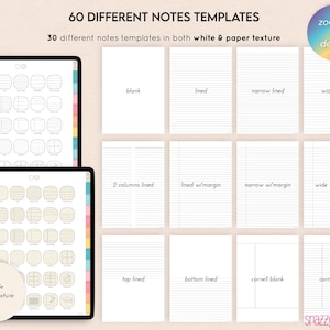 Puede incluir: Una ilustraci&oacute;n digital de 60 plantillas de notas diferentes. Las plantillas se dividen en dos categor&iacute;as: blanco y textura de papel. Las plantillas incluyen varios estilos, como en blanco, rayado, rayado estrecho, rayado ancho, 2 columnas rayadas, rayado con margen, estrecho con margen, ancho con margen, rayado superior, rayado inferior, Cornell en blanco y Cornell rayado.