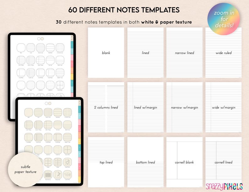 Puede incluir: Una ilustraci&oacute;n digital de 60 plantillas de notas diferentes. Las plantillas se dividen en dos categor&iacute;as: blanco y textura de papel. Las plantillas incluyen varios estilos, como en blanco, rayado, rayado estrecho, rayado ancho, 2 columnas rayadas, rayado con margen, estrecho con margen, ancho con margen, rayado superior, rayado inferior, Cornell en blanco y Cornell rayado.