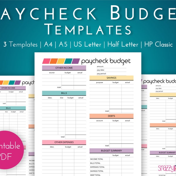 Paycheck Budget Templates, Budget by Paycheck Printable, Budget Worksheet, Bi-Weekly Budget Planner | A4, A5, US Letter, Half, Happy Planner