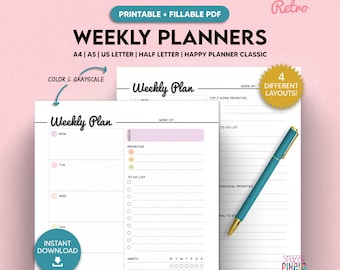 Retro Weekly Planner Printable, Fillable PDF, Undated