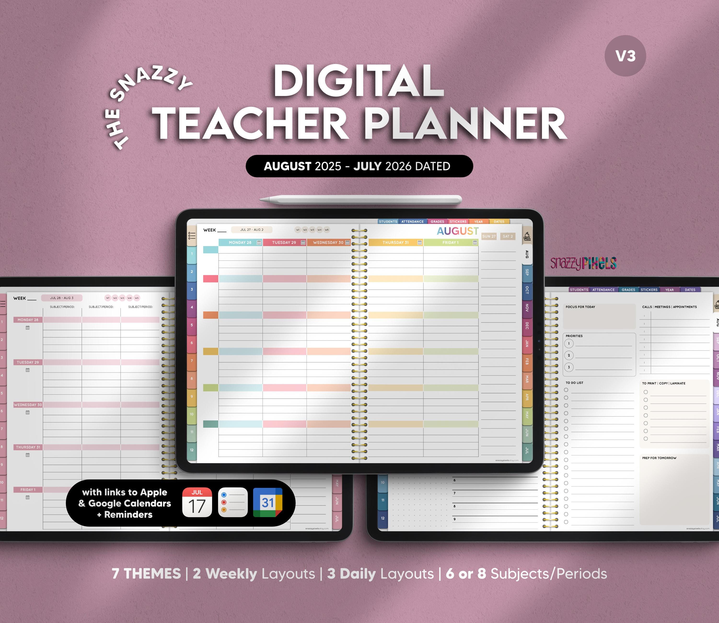 Digital Teacher Planner AUGUST 2025 - JULY 2026 DATED, Lesson Academic Planner, for Goodnotes iPad Samsung Noteshelf Penly Notability