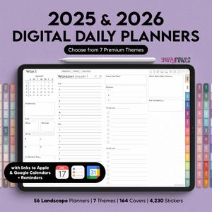 Pacchetto di planner giornalieri digitali 2025 e 2026, planner orizzontale per Goodnotes Notability Noteshelf per iPad, planner giornaliero settimanale mensile digitale