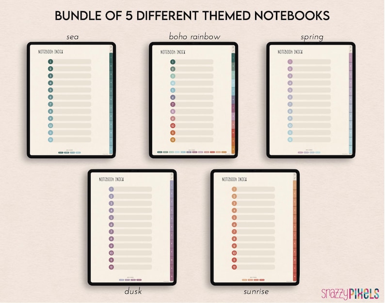 May include: A digital download of five printable notebook index pages. Each page features a different color scheme: sea, boho rainbow, spring, dusk, and sunrise.
