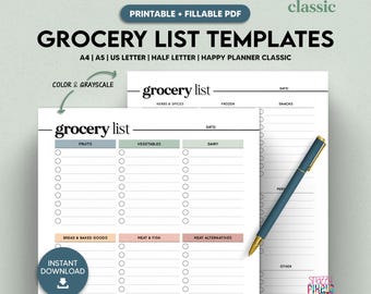Grocery List Printable Template, Fillable Shopping Planner (PDF)