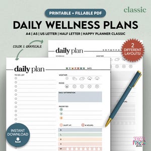 Plan de bienestar diario imprimible, lista de tareas diarias para completar, agenda minimalista sin fecha, cuidado personal, tamaño A5, medio tamaño, A4, carta, planificador feliz