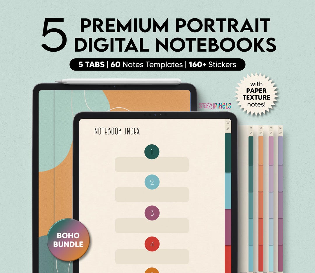5 Digital Notebooks (boho), 5 Tabs for Goodnotes Notability, Digital ...