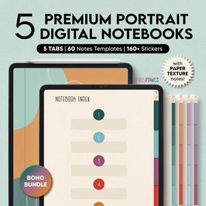 5 cyfrowych notatników (Boho), 5 zakładek do Goodnotes Notability, cyfrowy notatnik na iPada, szablony cyfrowych notatek, notatnik studencki