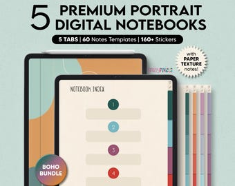 5 Digital Notebooks (Boho), 5 Tabs for Goodnotes Notability, Digital Notebook for iPad, Digital Notes Templates, Student Notebook