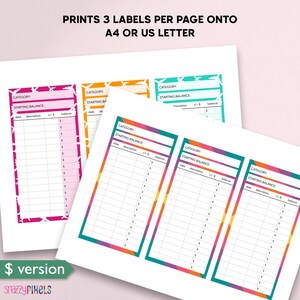 Op de afbeelding: Printbare budgettracker-etiketten met kleurrijke geometrische patronen. De etiketten zijn ontworpen om 3 per pagina te printen op A4- of US-letterformaat papier. Elk etiket heeft een sectie voor categorie, start saldo, datum, beschrijving en saldo.