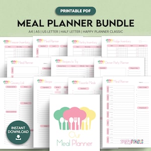 Planificador de comidas imprimible en PDF, Planificador de comidas semanal, Plan de comidas mensual, Carpeta de recetas / A4 A5 Carta Media carta Planificador feliz