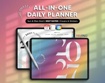 Peut inclure: Un agenda numérique quotidien pour 2027 affiché sur deux tablettes avec un stylet. L'écran présente un fond dégradé coloré avec le texte 2027 et Snazzy Daily Planner. Inclut des icônes pour le calendrier et les listes.