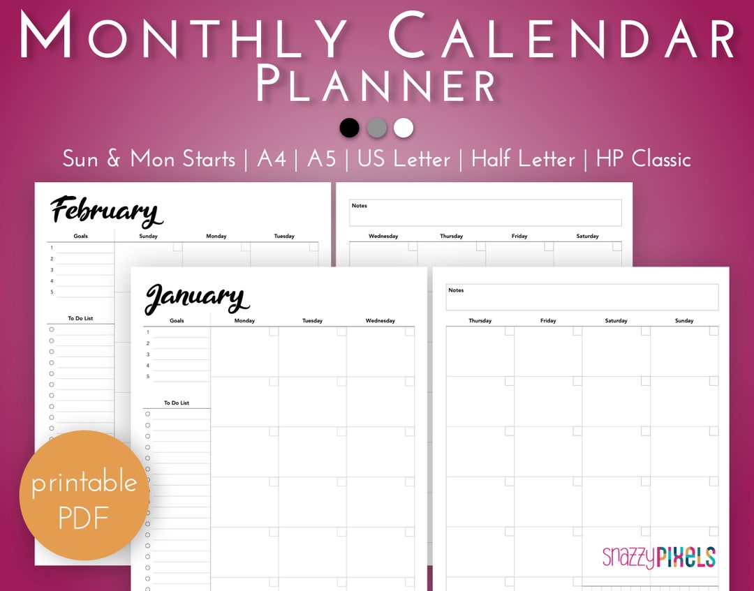 Monthly Calendar Planner Printable PDF B&W, Undated Calendar Planner