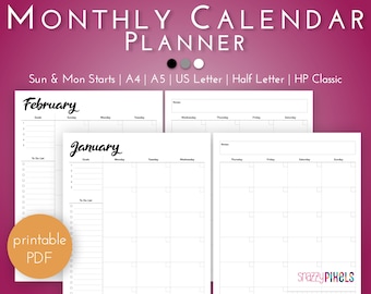 Monthly Calendar Planner Printable PDF (B&W), Undated Calendar Planner Insert, Sunday Monday Start | A4 A5 Letter Half Letter Happy Planner