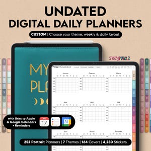 Puede incluir: Un planificador diario digital con una cubierta turquesa y una vista de calendario anual. El planificador incluye 252 planificadores de retrato, 7 temas, 164 cubiertas y 4.230 pegatinas. El planificador es personalizable e incluye enlaces a los calendarios de Apple y Google.