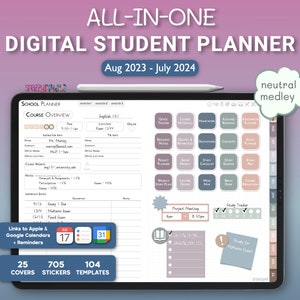 ALL-IN-ONE Digital Student Planner (Neutrals), 2023-2024 Academic Planner, Digital College Planner, Goodnotes Notability Noteshelf Samsung