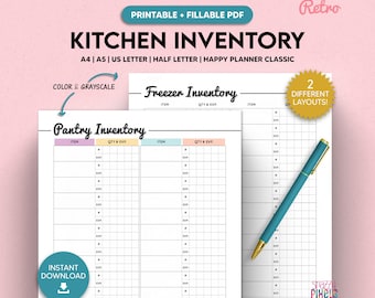 Kitchen Inventory Printable Template, Fridge Freezer Pantry Herbs Spices Tracker Checklist, A4/A5/Letter/Half Size/HappyPlanner Fillable PDF