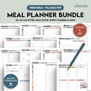 Planificateur de repas imprimable, planificateur de menus de la semaine Planificateur de recettes à faire soi-même livre Planificateur de préparation de repas A4 A5 lettre demi-format Happy Planner PDF à remplir