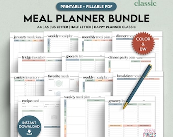 Meal Planner Printable, Weekly Meal Menu Planner DIY Recipe Planner Book Meal Prep Planner A4 A5 Letter Half Size Happy Planner Fillable PDF