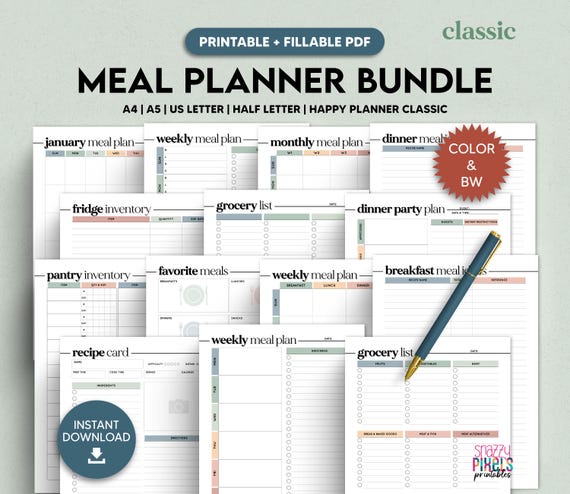 Meal Planner Printable, Weekly Meal Menu Planner DIY Recipe Planner Book Meal Prep Planner A4 A5 Letter Half Size Happy Planner Fillable PDF