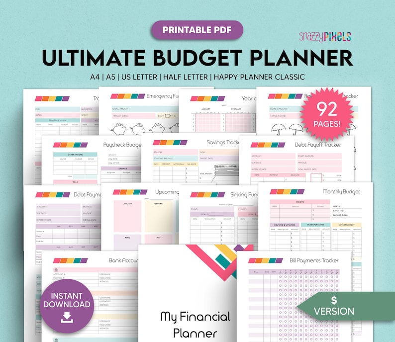 May include: A printable budget planner with 92 pages. The planner includes sections for tracking income, expenses, savings, debt, and more. The planner is designed to help you manage your finances and reach your financial goals.