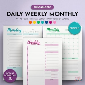 Productivity Planner Printable PDF (Color), Daily Weekly Monthly Planner Set, Planner Inserts | A4 A5 Letter Half Letter Happy Planner