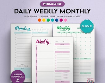 Productivity Planner Printable PDF (Color), Daily Weekly Monthly Planner Set, Planner Inserts | A4 A5 Letter Half Letter Happy Planner