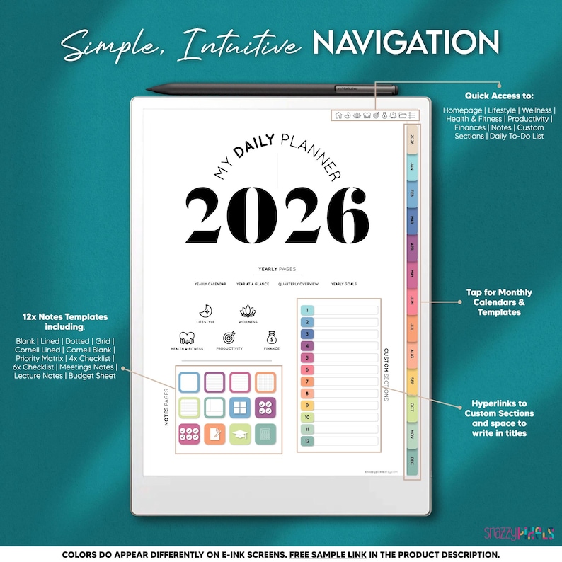 May include: A digital planner for 2026, displayed on a tablet with a stylus. The planner features sections for daily tasks, notes, and custom sections. The screen displays the text "My Daily Planner 2026" and "Simple, Intuitive NAVIGATION".
