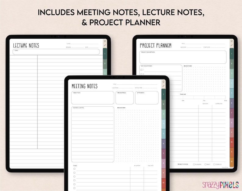 May include: Three digital planner templates for iPad or tablet. The templates are for lecture notes, meeting notes, and project planning. Each template has a white background with black text and lines.