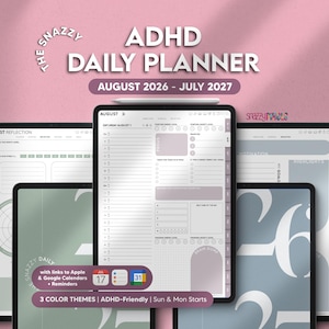 Könnte beinhalten: Ein digitaler ADHS-Tagesplaner auf mehreren Tablet-Bildschirmen mit dem Text "ADHD DAILY PLANNER AUGUST 2026 - JULY 2027". Die Benutzeroberfläche enthält Tagespläne, Fokusbereiche und Gewohnheits-Tracker in gedeckten Grün-, Blau- und Grautönen.