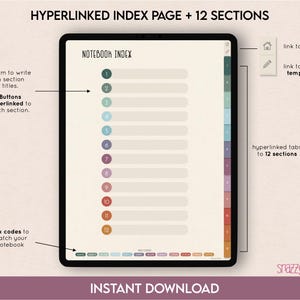 May include: A digital notebook index page with 12 sections. Each section has a colored button with a number from 1 to 12. The page is designed for use with a digital planner app. The page includes links to an index and notes templates.