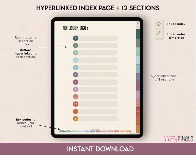 May include: A digital notebook index page with 12 sections. Each section has a colored button with a number from 1 to 12. The page is designed for use with a digital planner app. The page includes links to an index and notes templates.