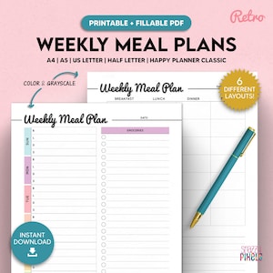 Planificateur de repas hebdomadaire avec modèle imprimable de liste de courses à remplir, plan de menus de 7 jours, planificateur de nourriture, A4/A5/US Letter/demi lettre/Happy Planner