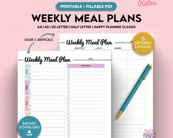 Retro Weekly Meal Planner, Fillable Grocery List (Digital Download)