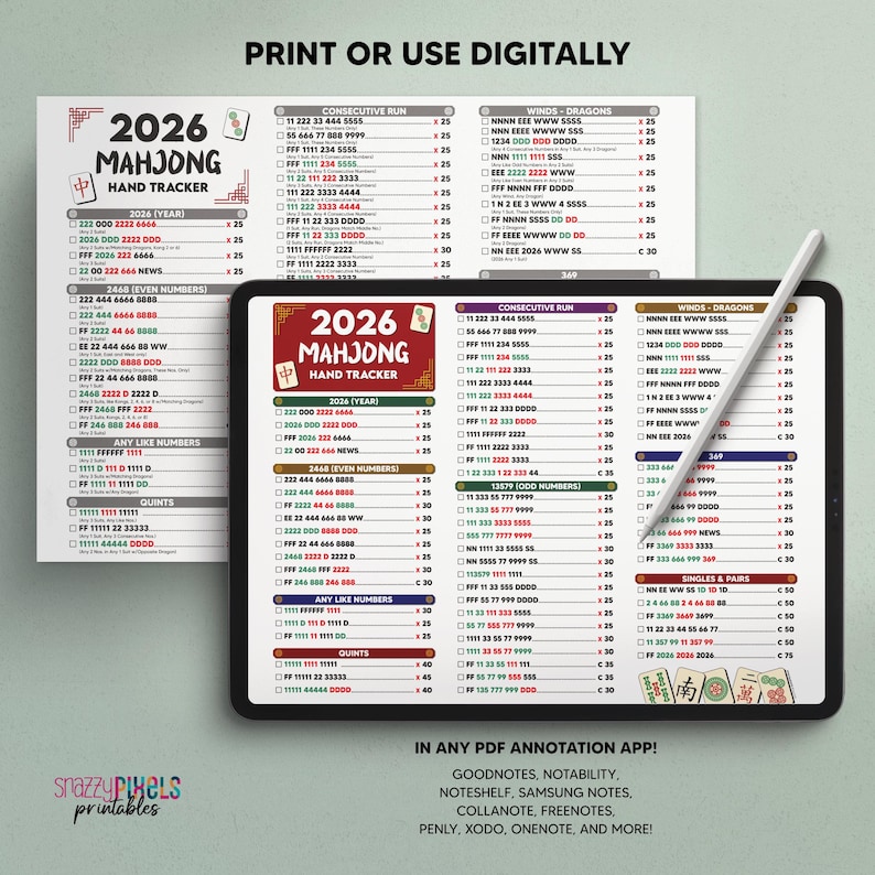 2026 Mahjong Hand Tracker Printable PDF, American Mahjong, Mah Jongg, Mahjong Scorecard, Mahjong Tiles, Mahjong Game Night