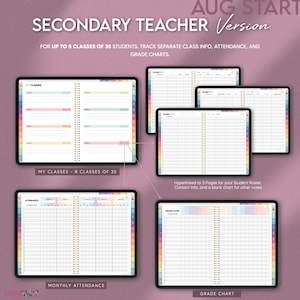 Digital secondary middle school high school teacher planner includes up to 8 classes of 35 students. Hyperlinked class information templates, monthly attendance template, and grade chart for every class.