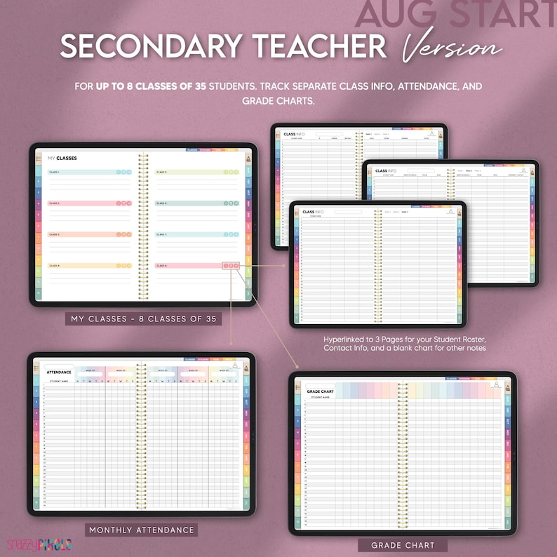 Digital secondary middle school high school teacher planner includes up to 8 classes of 35 students. Hyperlinked class information templates, monthly attendance template, and grade chart for every class.